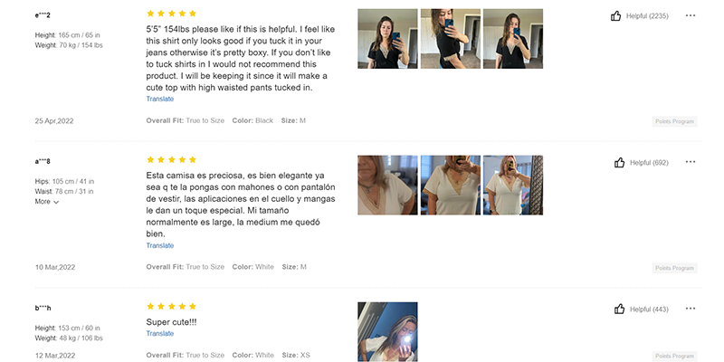 Shein customer ratings on a women's product