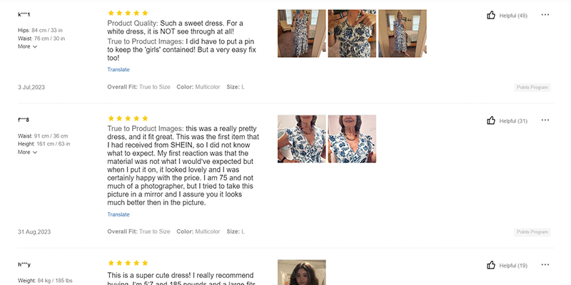 Shein customer reviews on a product page